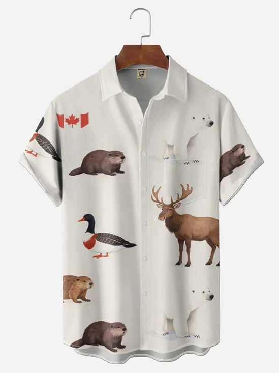 Moisture-Wicking  Canada Theme Maple Leaf Beaver Moose Canada Goose Polar Bear Chest Pocket Holiday Shirt