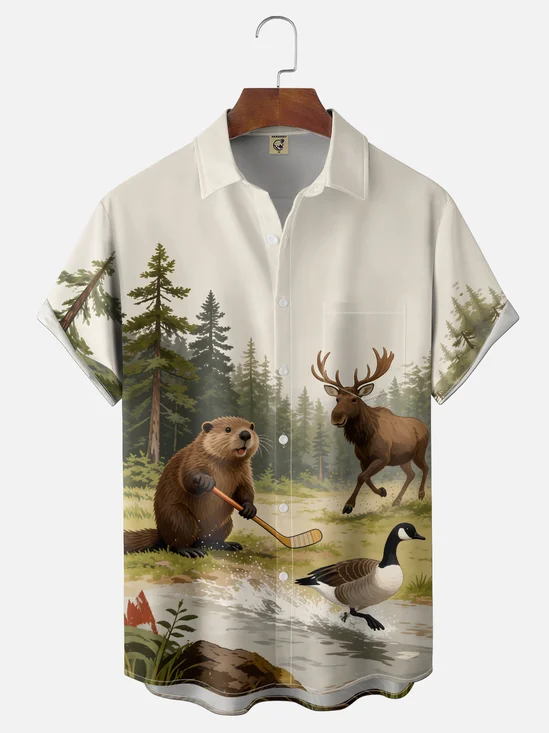 Moisture-Wicking Canada Beaver Moose & Canada Goose  Hockey Stick Geometric-Patterned Chest Pocket Holiday Shirt