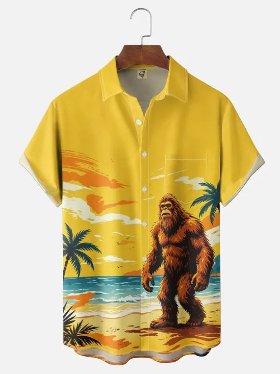 Moisture-Wicking Gradient Coconut Trees Beach And Bigfoot Print Chest Pocket Hawaiian Shirt