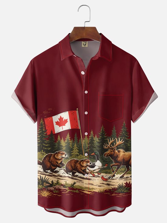 Moisture-Wicking Canada-Themed Gradient Design featuring Maple Leaves Beavers Moose Canada Geese Chest Pocket Holiday Shirt