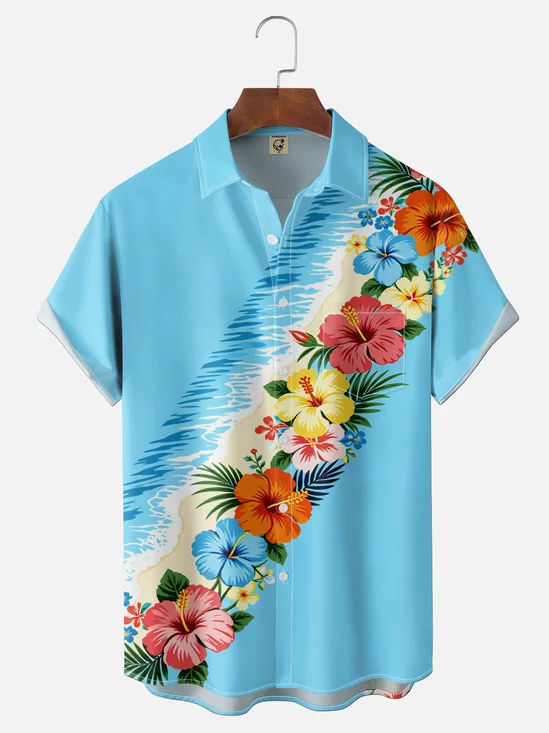 Moisture-Wicking Ombré Hibiscus & Wave Pattern Chest Pocket  Hawaiian Shirt