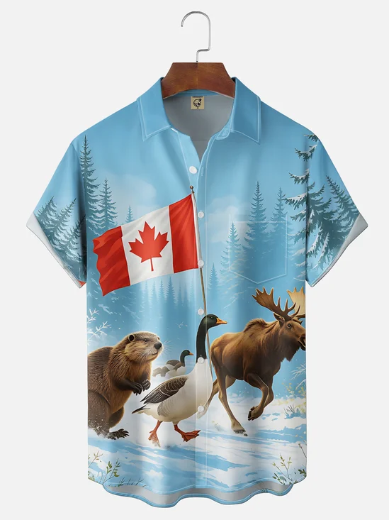 Moisture-Wicking Canada-Themed Gradient Design featuring Maple Leaves Beavers Moose Canada Geese Chest Pocket Holiday Shirt
