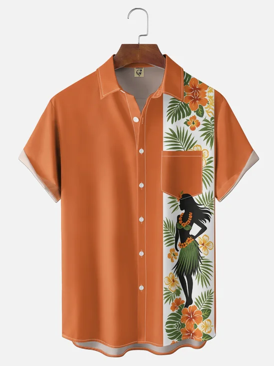 Moisture-Wicking Gradient Leaf Floral Hula Girl Chest Pocket Hawaiian Shirt