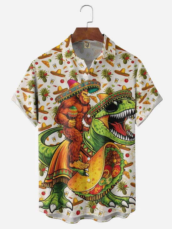 Moisture-Wicking Cinco de Mayo Big Hats Bigfoot Tacos and Dinosaurs Chest Pocket Themed Hawaiian Shirt