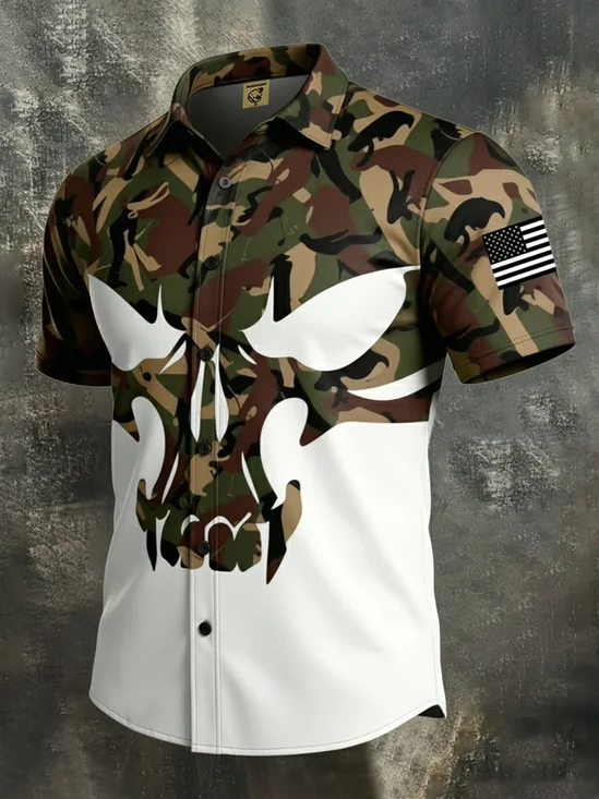 Moisture-wicking Camouflage Skull Chest Pocket Patriotic Shirt