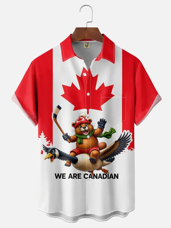 Moisture-wicking Canada Day Beaver Goose Chest Pocket Casual Shirt