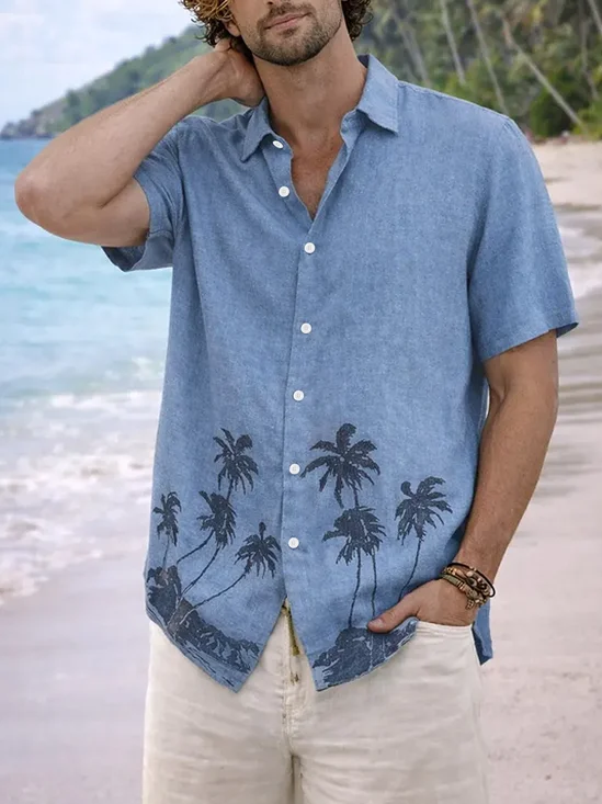 Linen-Texture Coconut Tree Print and Chest Pocket Holiday Hawaiian Shirt