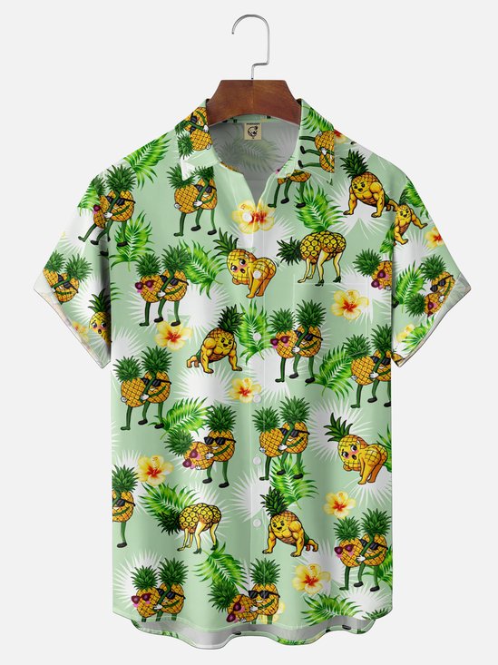 Moisture-Wicking Gradient Pineapple Man Tropical Plant Print Chest Pocket Hawaiian Shirt