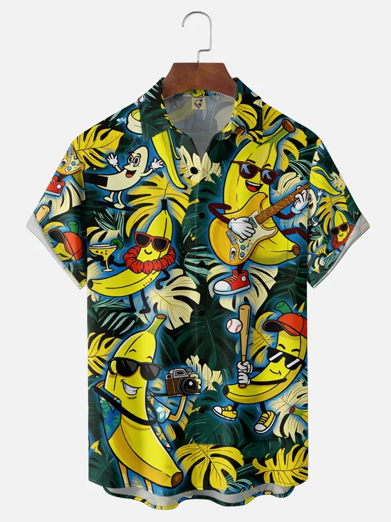 Moisture-Wicking Gradient Design featuring Fun Banana Men Guitars Cocktails And Tropical Plants Chest Pocket Hawaiian Shirt
