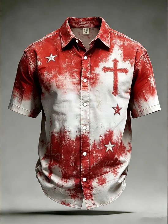 Moisture-Wicking U.S. Independence Day Flag Cross and Faith Design with Chest Pocket Holiday Hawaiian Shirt