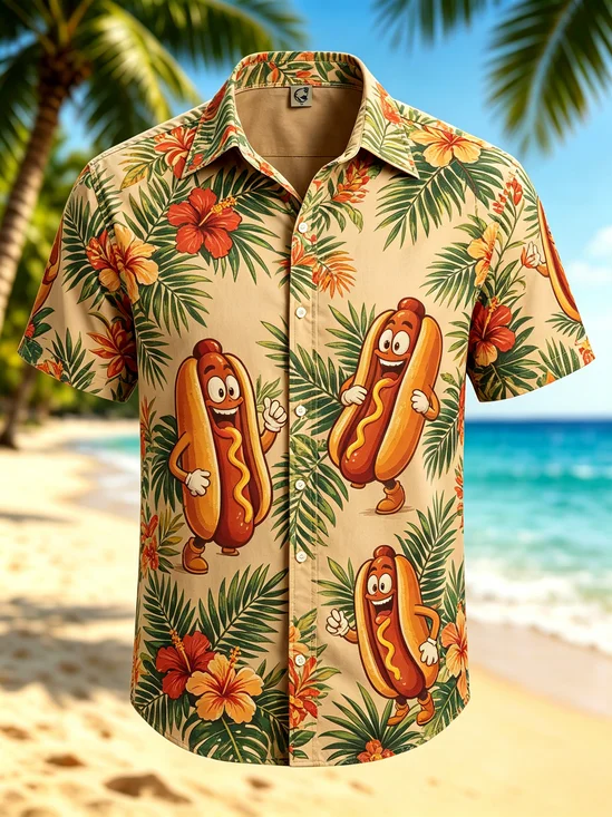 Moisture-Wicking Gradient Fun Hot Dog Men Tropical Plants & Hibiscus Flowers Chest Pocket Hawaiian Shirt