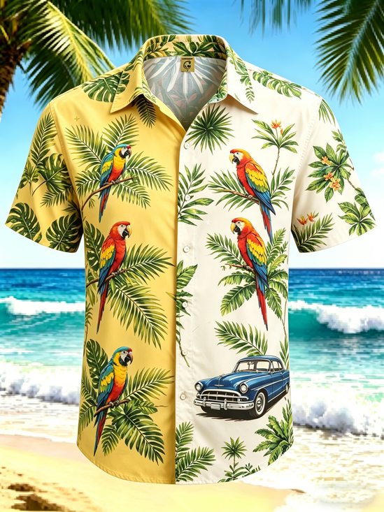 Moisture-wicking Tropical Parrot Vintage Car Chest Pocket Hawaiian Shirt