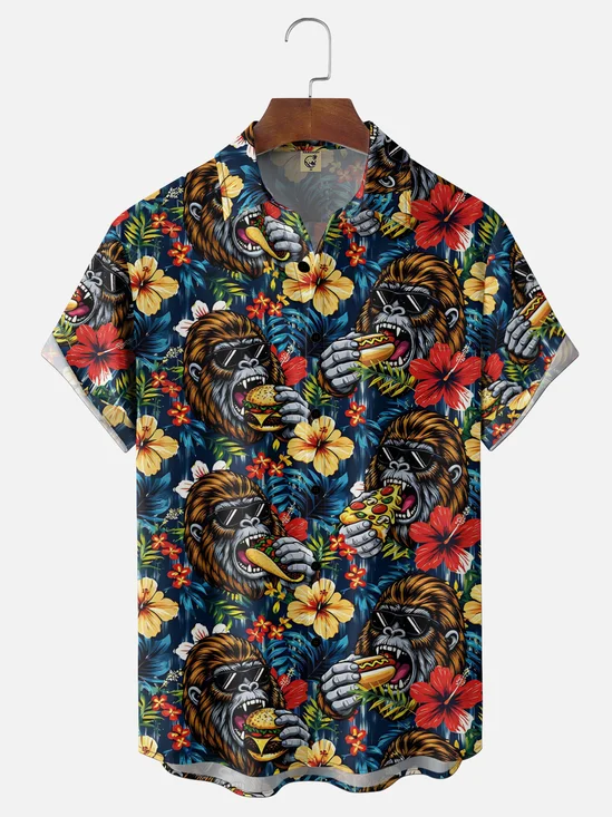 Moisture-Wicking Gradient Tropical Floral Bigfoot & Cheese Hot Dog Print Chest Pocket Hawaiian Shirt