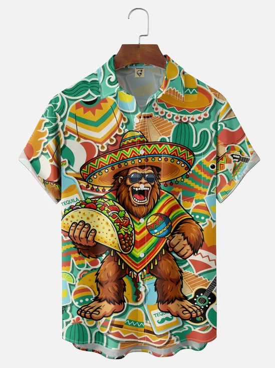Moisture-Wicking Cinco De Mayo Gradient Design Wide Brim Hat Maracas Bigfoot And Taco Chest Pocket  Holiday Shirt
