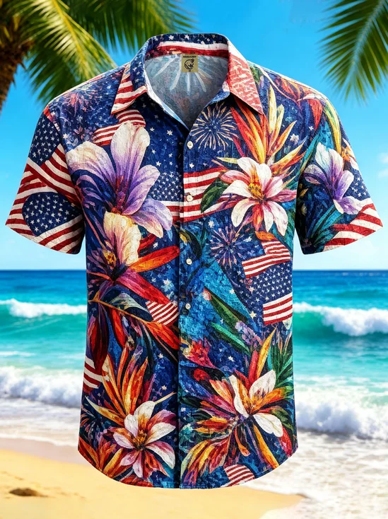 Moisture-wicking Tropical Palm Tree American Flag Chest Pocket Hawaiian Shirt