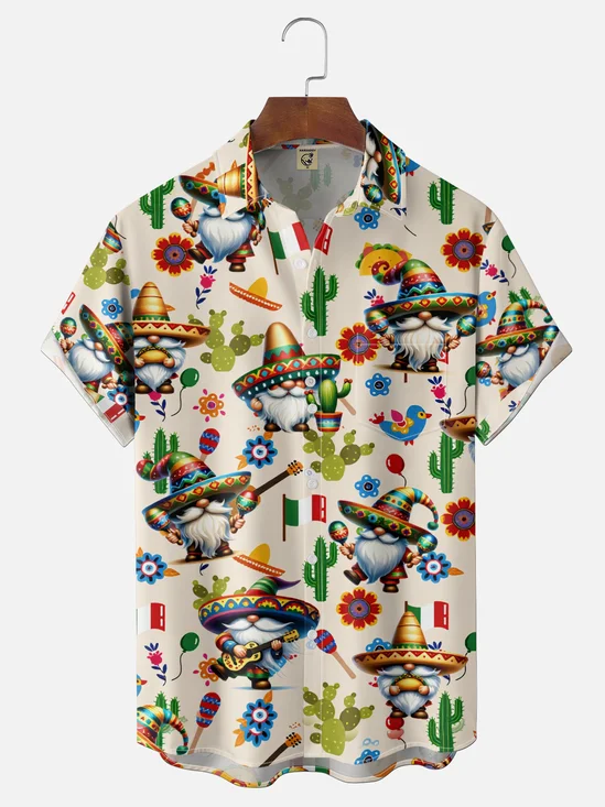 Moisture-Wicking Cinco De Mayo Gradient Design Wide Brim Maraca Gnomes Cactus And Guitars With Chest Pocket Holiday Shirt