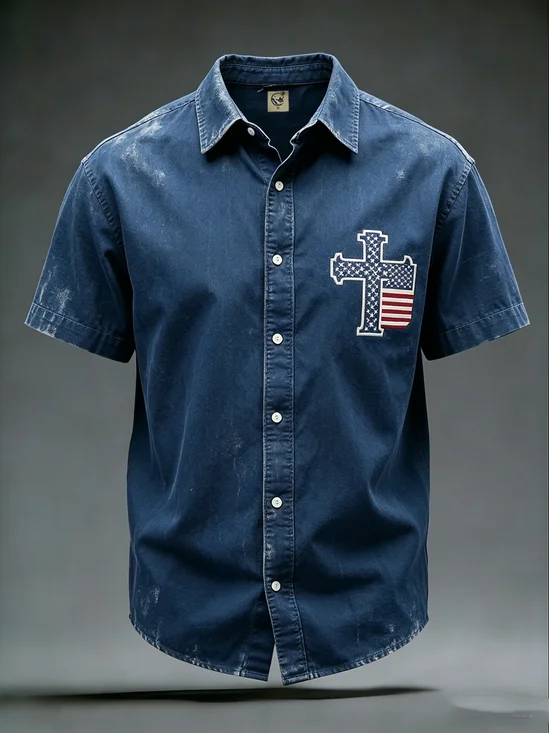 Moisture-Wicking U.S. Independence Day Flag Cross and Faith Design with Chest Pocket  Holiday Hawaiian Shirt