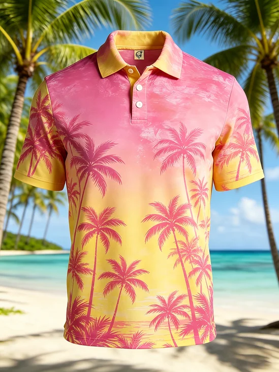 Moisture-Wicking Gradient Coconut Tree Short-Sleeve Hawaiian Golf Polo