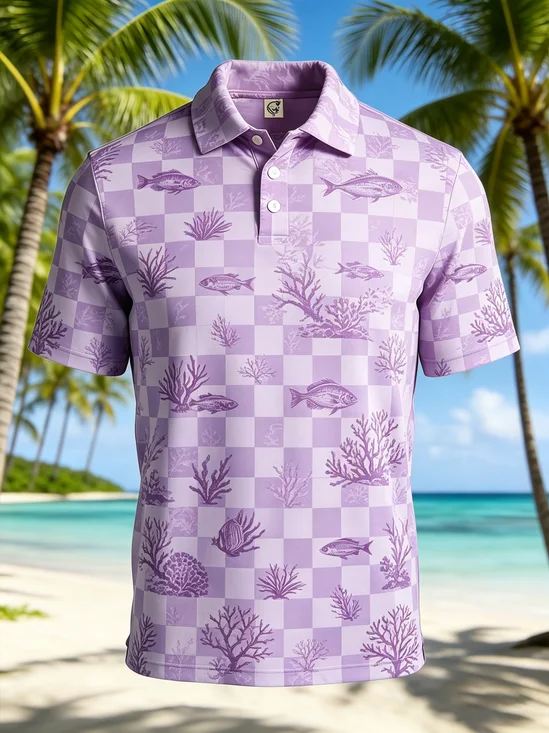 Moisture-Wicking Gradient Fish Coral Geometric Pattern Short-Sleeve Hawaiian Golf Polo