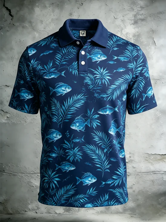 Moisture-Wicking Gradient Fish Leaf Pattern Short-Sleeve Hawaiian Golf Polo