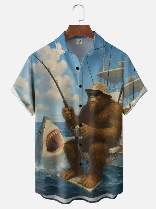 Moisture-Wicking Fun Bigfoot Fishing for Sharks Chest Pocket Holiday Hawaiian Shirt