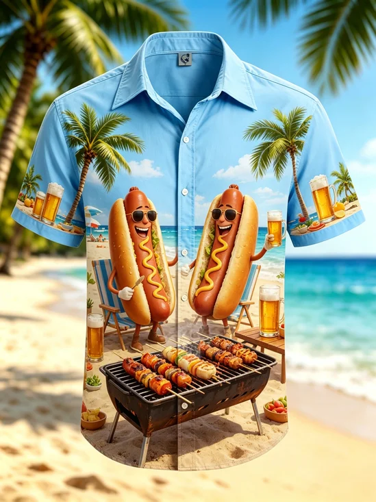 Moisture-Wicking Gradient-Colored Fun Hot Dog Man Beach BBQ Chest Pocket Hawaiian Shirt