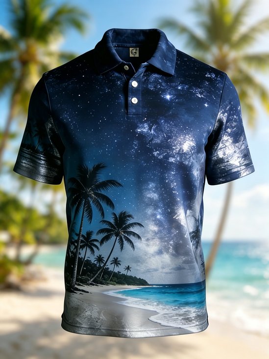Moisture-Wicking Gradient Tropical Botanical Coconut Tree Beach Short-Sleeve Hawaiian Golf Polo