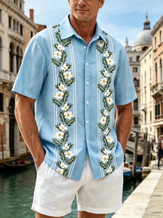 Linen-Texture Striped Floral Chest Pockets Holiday Guayabera Shirt