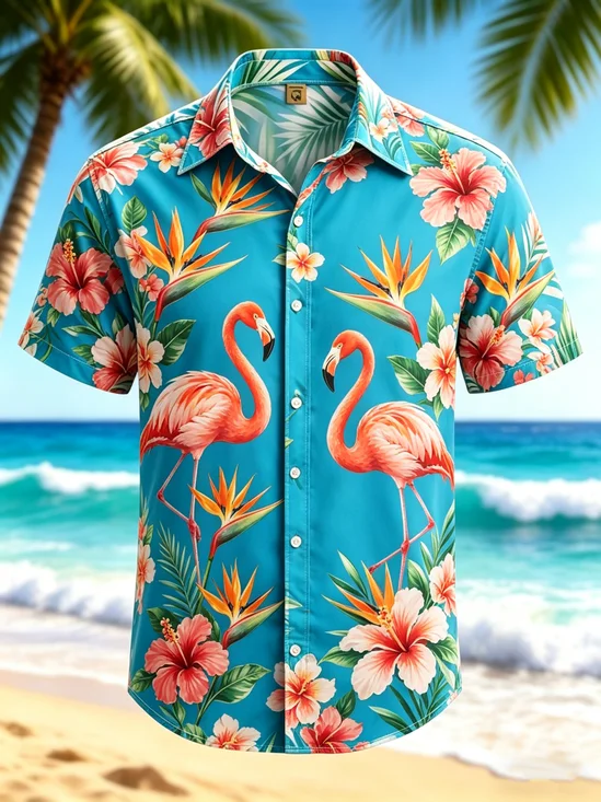 Moisture-wicking Tropical Hibiscus Bird of Paradise Floral Chest Pocket Hawaiian Shirt