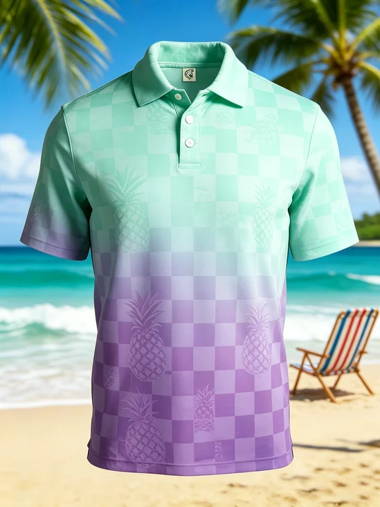 Moisture-Wicking Gradient Pineapple Geometric Short-Sleeve Hawaiian Golf Polo