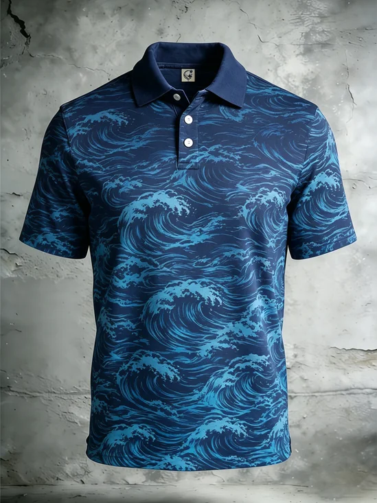 Moisture-Wicking Gradient Seascape Short-Sleeve Hawaiian Golf Polo
