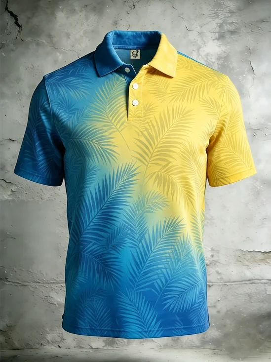 Moisture-Wicking Gradient Leaf Pattern Short-Sleeve Hawaiian Golf Polo