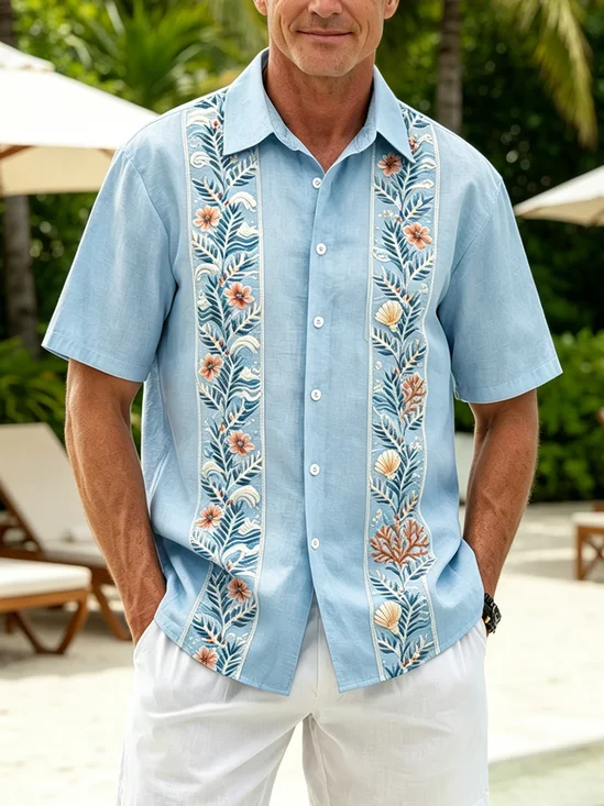 Linen-Texture Striped Floral Chest Pockets Holiday Guayabera Shirt with