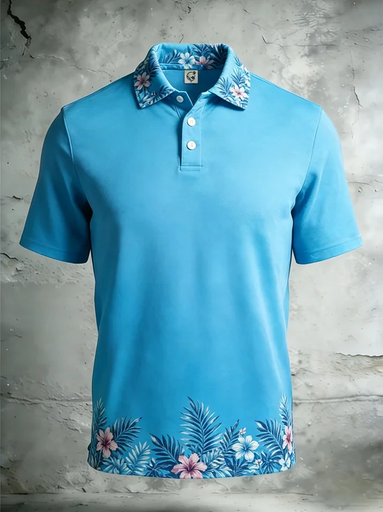 Moisture-Wicking Ombré Hibiscus Leaf Pattern Short-Sleeve Hawaiian Golf Polo