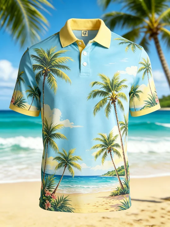 Moisture-Wicking Gradient Coconut Tree Beach Short-Sleeve Hawaiian Golf Polo