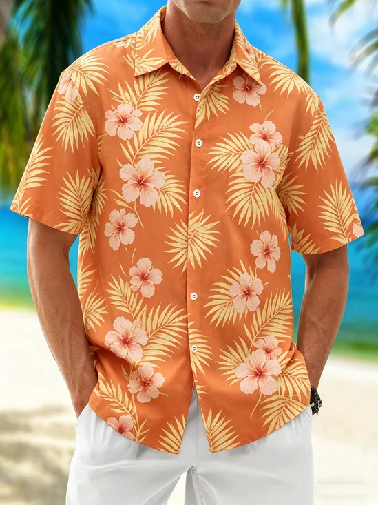 Linen-Texture Tropical Floral  Chest Pocket Holiday Hawaiian Shirt