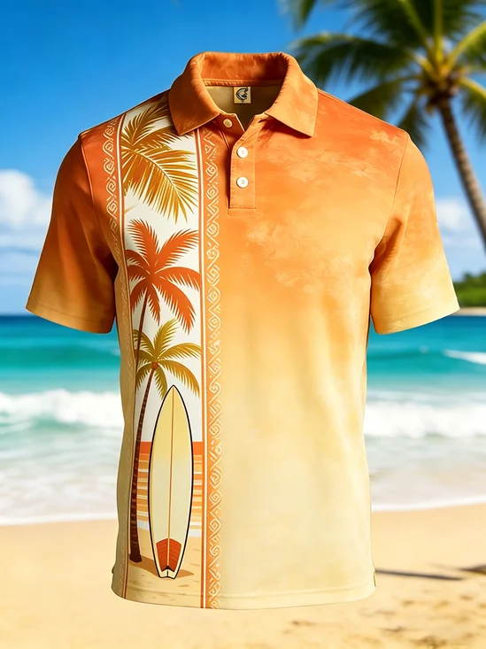 Moisture-Wicking Gradient Coconut Tree Surfboard Geometric Short-Sleeve Hawaiian Golf Polo