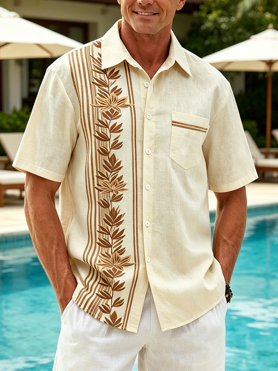 Linen-Texture Striped Floral Chest Pockets Holiday Guayabera Shirt