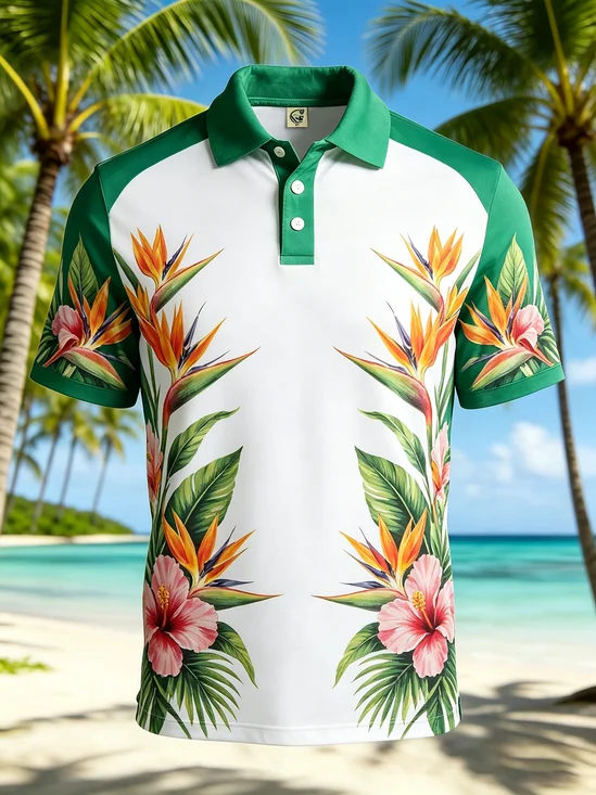 Moisture-Wicking Gradient Hibiscus Bird of Paradise Short-Sleeve Hawaiian Golf Polo