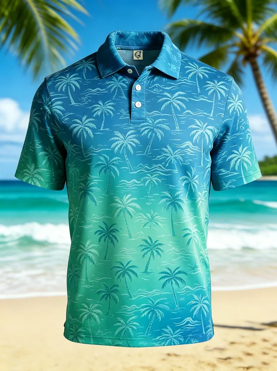 Moisture-Wicking Gradient Coconut Tree Short-Sleeve Hawaiian Golf Polo