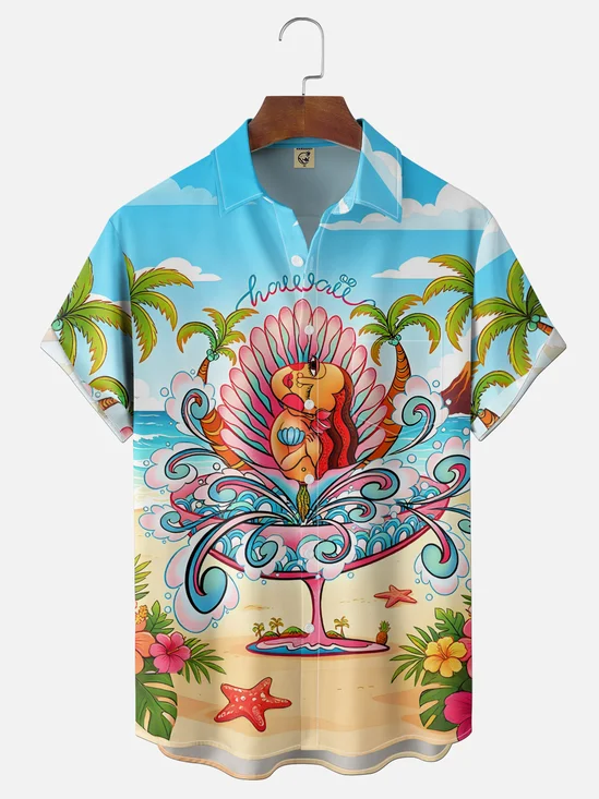 Hardaddy X Motmohondon Moisture-wicking Vacation Tropical Mermaid Chest Pocket Hawaiian Shirt
