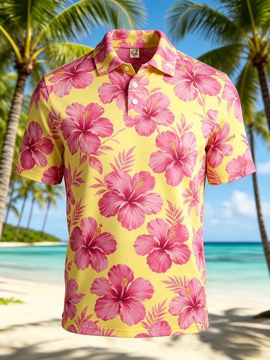Moisture-Wicking Gradient Hibiscus Leaf Pattern Short-Sleeve Hawaiian Golf Polo