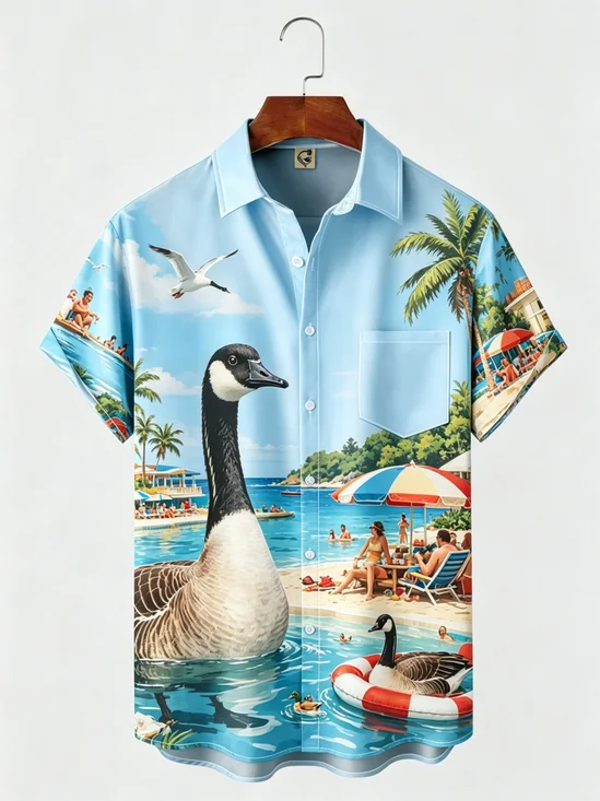 Moisture-Wicking Canada Day Scenic Seascape & Canada Goose Design Chest Pocket  Holiday Shirt