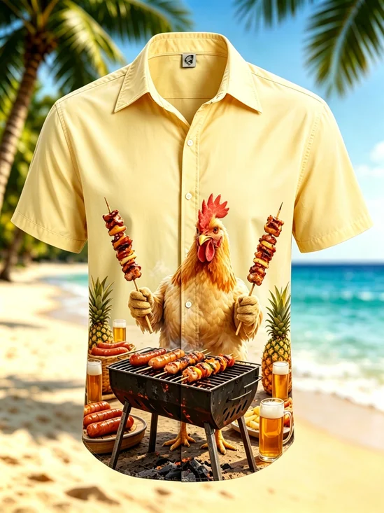 Moisture-Wicking Wacky Chicken Beach BBQ Print Chest Pocket Hawaiian Shirt