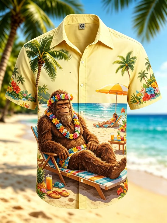 Moisture-Wicking Tropical Plants Beach And Bigfoot Print Chest Pocket  Hawaiian Shirt