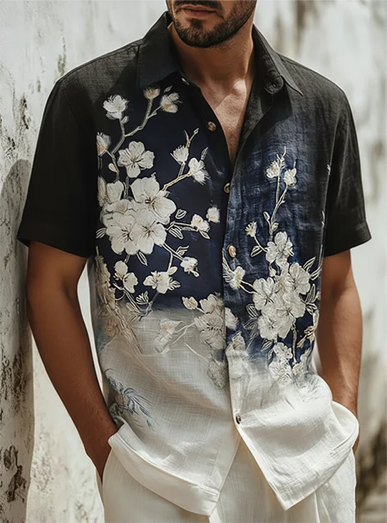 Linen Textured Vintage Floral Chest Pocket Holiday Hawaiian Shirt