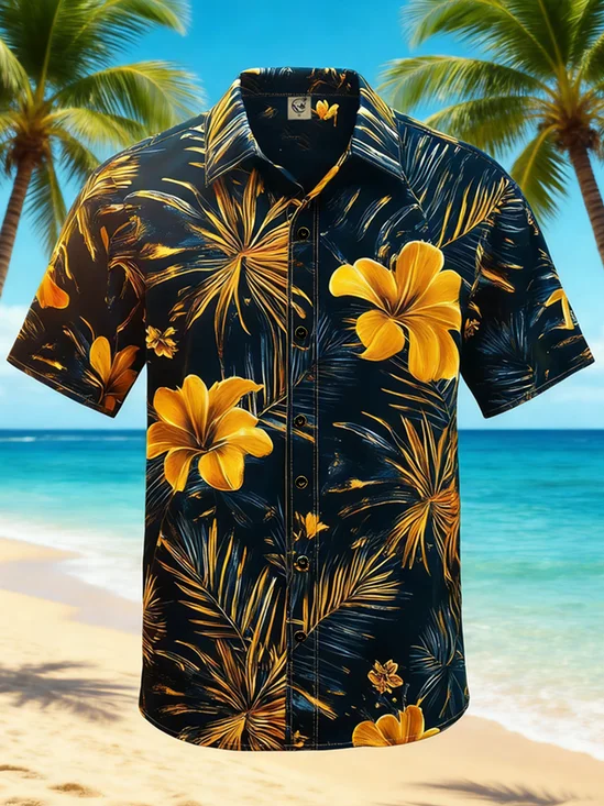 Moisture-Wicking Botanical Floral Chest Pocket Holiday Hawaiian Shirt