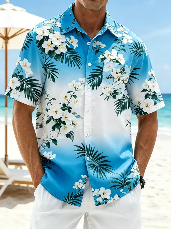 Linen-Texture Gradient Tropical Botanical Chest Pocket Holiday Hawaiian Shirt