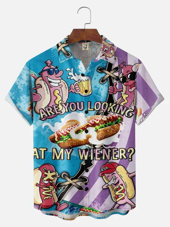Big Size Moisture Wicking Fun American Hot Dog Slogan Chest Pocke Holiday Hawaiian Shirt