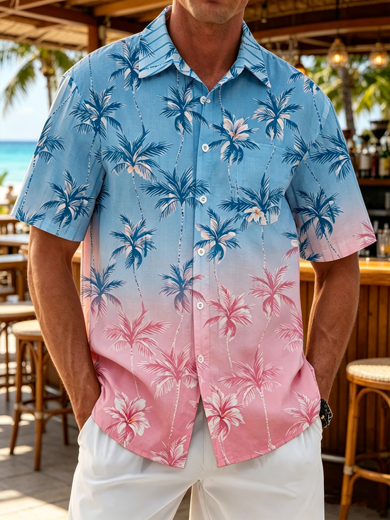 Linen-Texture Tropical Floral Coconut Tree Chest Pocket Holiday Hawaiian Shirt